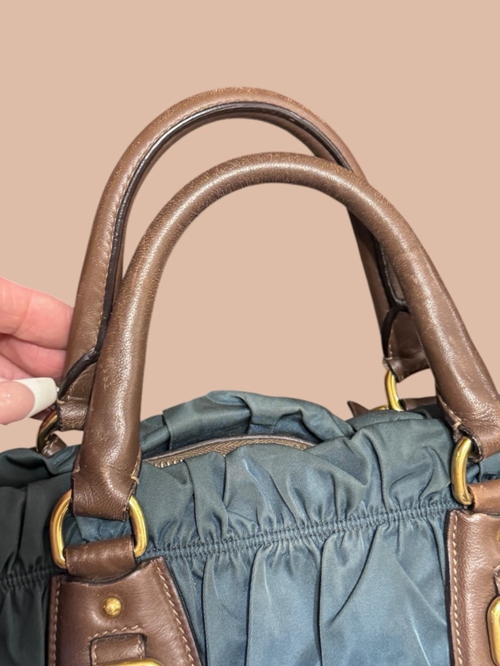 PRADA Gaufre Teal Blue Nylon Boho Leather Bag - Picture 9 of 9